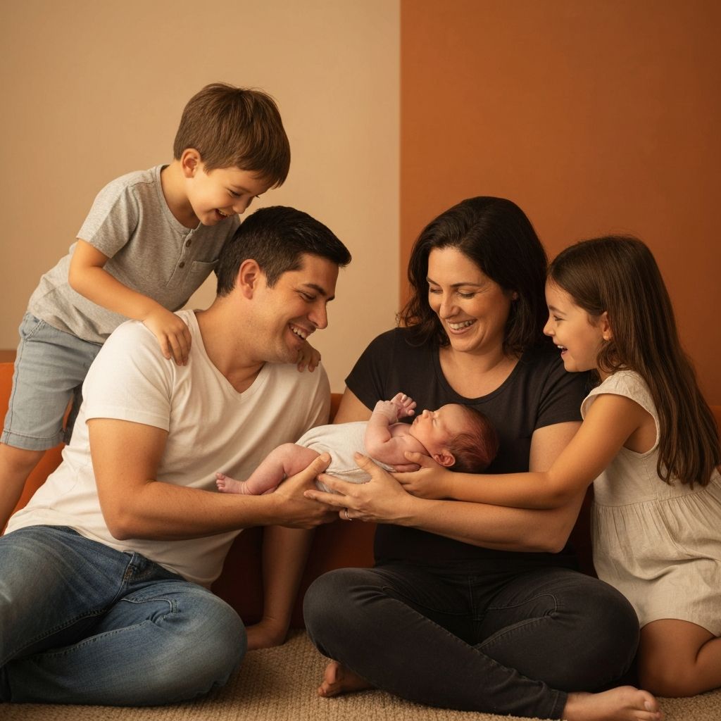 Happy family holding newborn baby